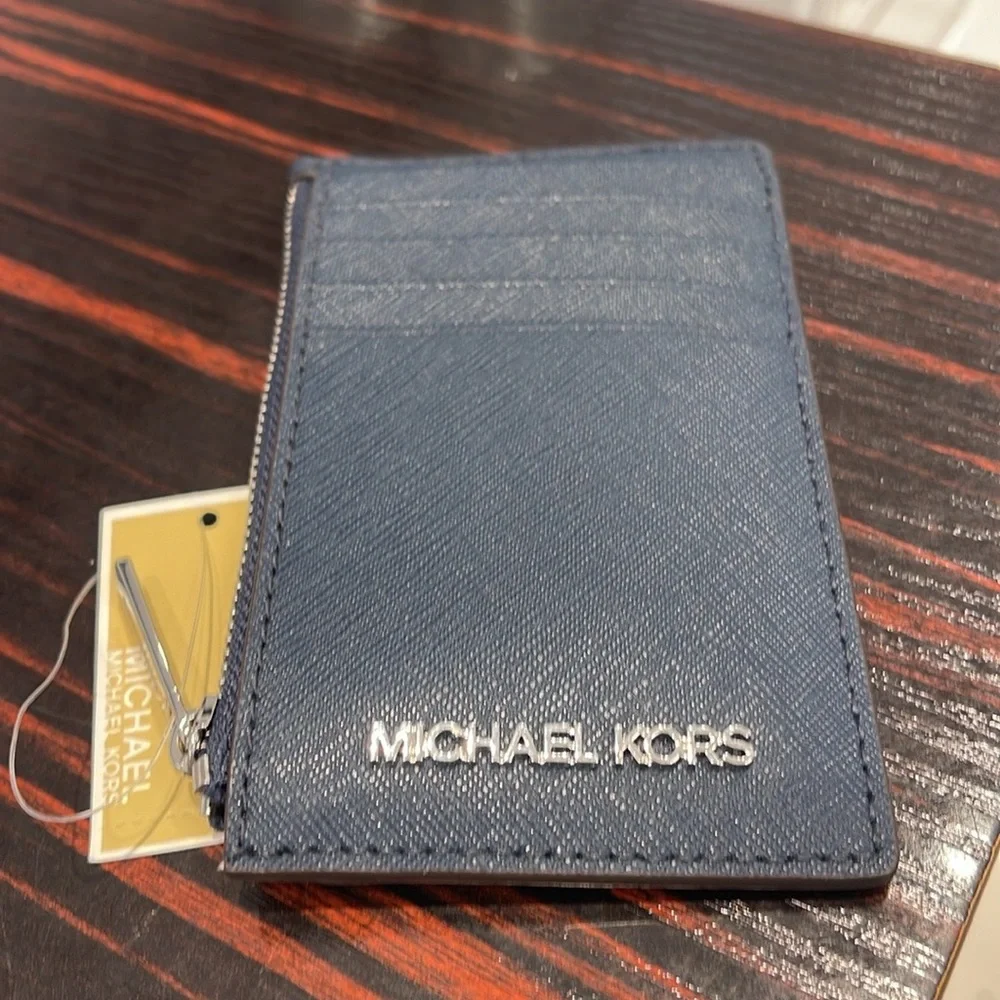Michael Kors Jet Set Travel Medium Leather Card Case Navy Silver NWT